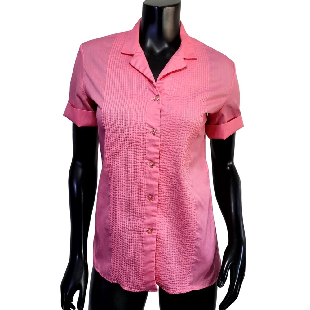 Lady Diplomat Vintage Pink Pleated Front Short Sleeve Button Up Shirt Size 6 USA
